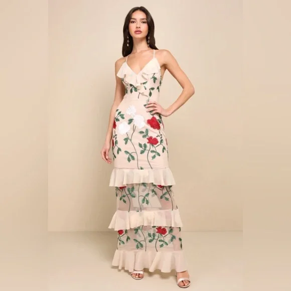 Lulus | Dresses | Nwot Lulus Beige Floral Embroidered Tiered Maxi Dress |  Poshmark